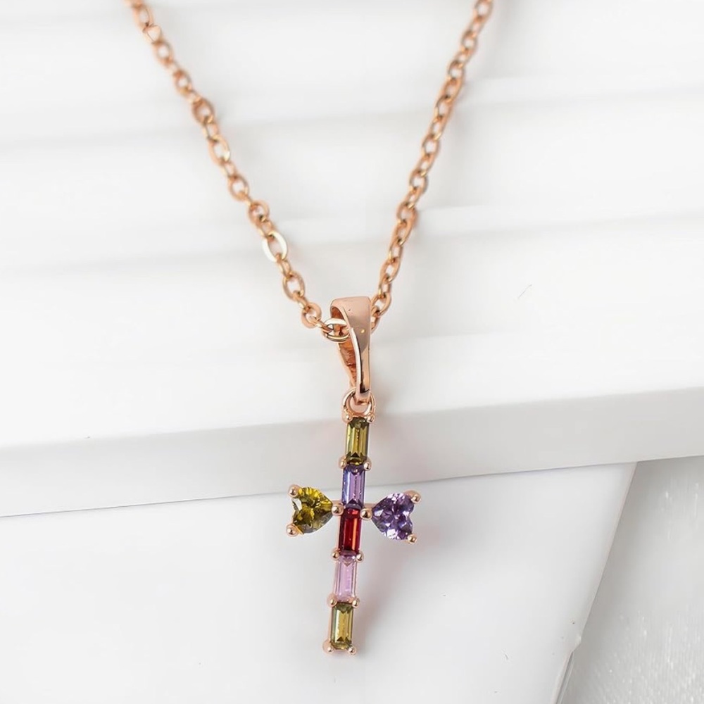 NEW 18k Gold Plated Cubic Zirconia Cross Pendant Necklace